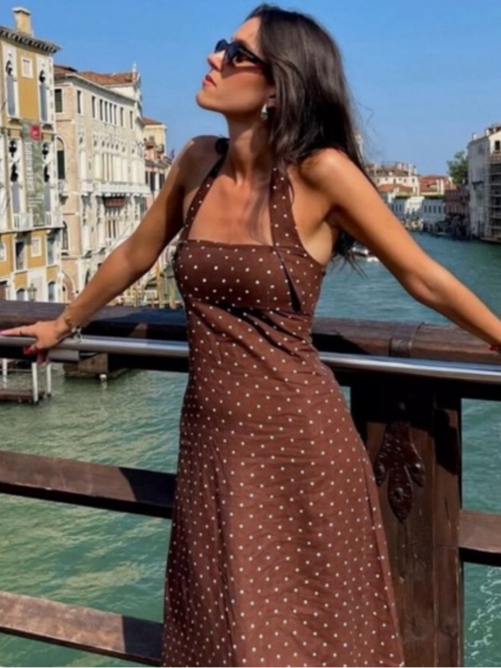 ZARA Polka Dot Linen Halter Maxi Dress Square Neck Backless MEDIUM Brown/White